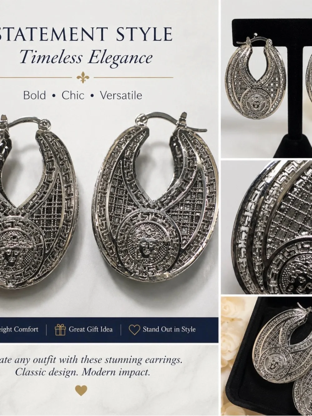 Silver Statement Hoop Earrings - Timeless Elegance Medusa